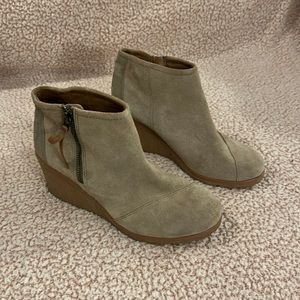 TOMS genuine suede, zip-up boots w/ a wedge heel